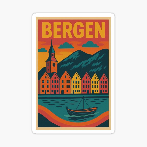 Item preview, Colorful Bergen Travel Poster | Retro Pop Art Norway Print | Vintage Scandinavian Wall Art | Coastal Norway Decor | Bergen Harbor Illustration designed and sold by PaintedPixels01.