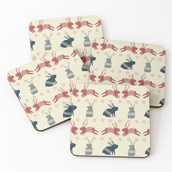 Item preview, Folk Art Rabbit Pattern in Burgundy Blue Beige designed and sold by overheadclick.