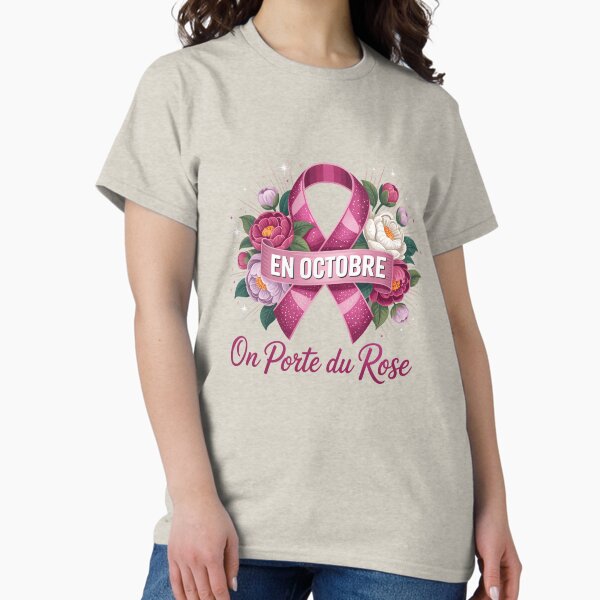 T-shirt Octobre Rose Femme - Cœur Et Ruban Rose, Soutien Cancer Du Sein, Coupe Classique, Manches Courtes