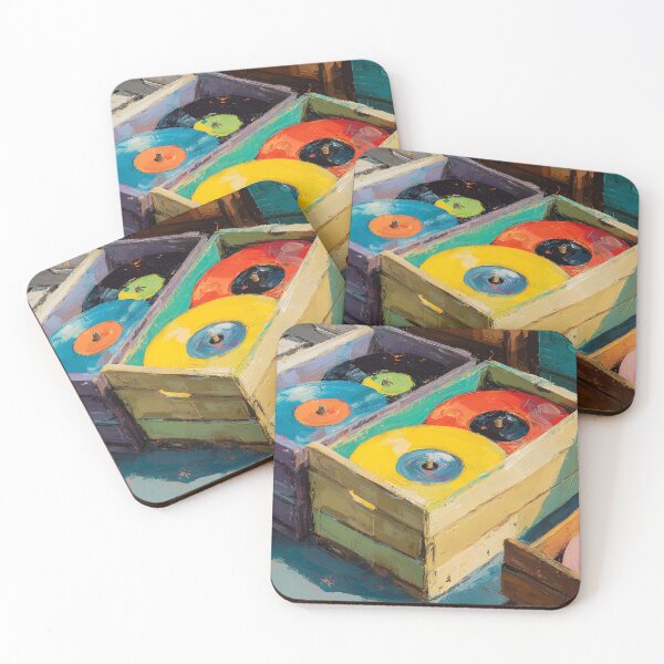 Item preview, Brightly Colored Vinyl Records Stacked in Rustic Wooden Crates - Vibrant Retro Display designed and sold by OlfactoART Studio.
