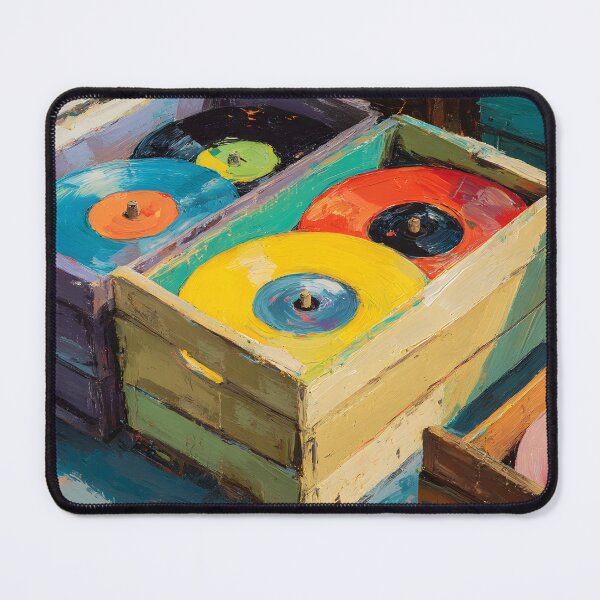 Item preview, Brightly Colored Vinyl Records Stacked in Rustic Wooden Crates - Vibrant Retro Display designed and sold by OlfactoART Studio.