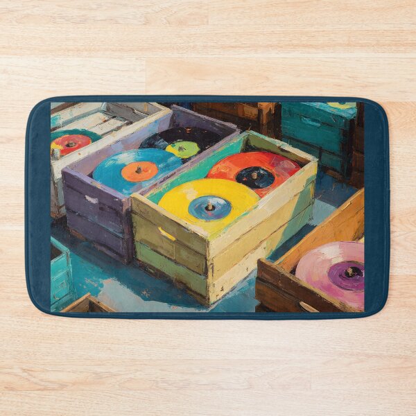 Item preview, Brightly Colored Vinyl Records Stacked in Rustic Wooden Crates - Vibrant Retro Display designed and sold by OlfactoART Studio.