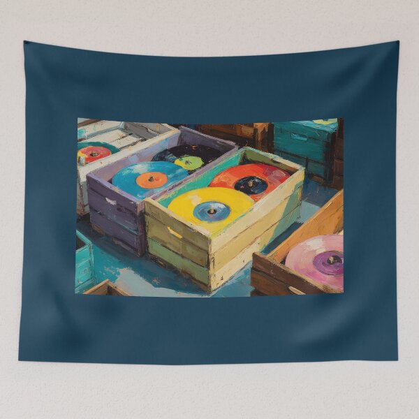 Item preview, Brightly Colored Vinyl Records Stacked in Rustic Wooden Crates - Vibrant Retro Display designed and sold by OlfactoART Studio.
