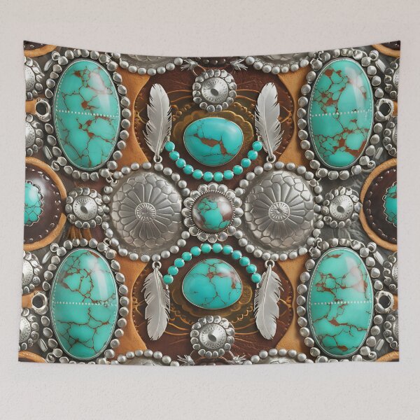 Aperçu de l'œuvre Motif Concho Western turquoise et argent – Motif Boho Cowgirl rustique du Sud-Ouest pour vêtements, décoration et accessoires créée et vendue par CoastalEmp.