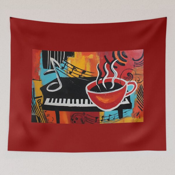 Artikelvorschau, Dampfende rote Kaffeetasse auf einer Klaviertastatur mit lebendigen Musiknoten und energiegeladenen Mustern – mutige abstrakte Feier von Musik und Wärme entworfen und verkauft von OlfactoART Studio.