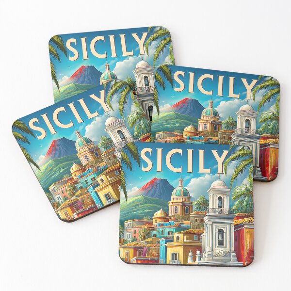 Item preview, Travel poster of a Charming Sicilian Coastal Village with Volcano View designed and sold by Artessie.
