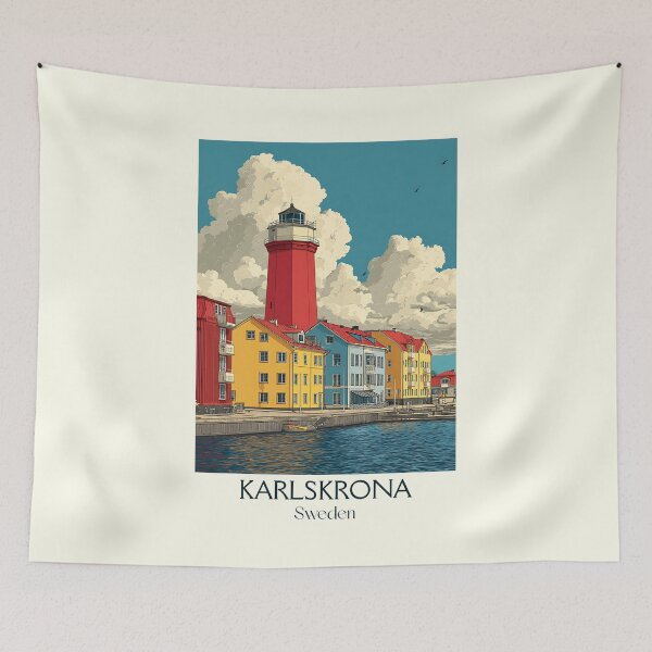 Item preview, Karlskrona Sweden Vintage Travel Poster | Naval City Lighthouse Retro Art designed and sold by TuncGK.
