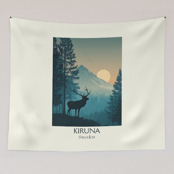 Item preview, Kiruna Sweden Vintage Travel Poster | Reindeer & Mountains Retro Art designed and sold by TuncGK.