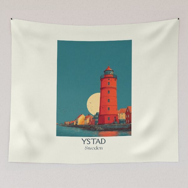 Item preview, Ystad Sweden Vintage Travel Poster | Skåne Lighthouse Retro Art Print designed and sold by TuncGK.