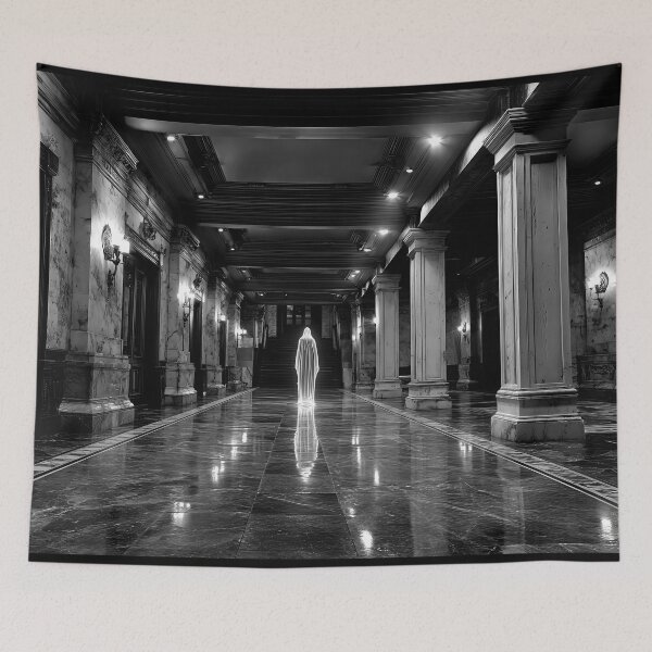 Item preview, Eerie Figure Illuminated in a Grand, Dimly Lit Corridor designed and sold by jecphotography and art.