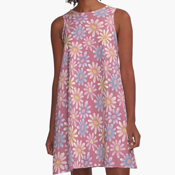 Pastel daisy pattern on Rosewood Pink background - floral seamless design A-Line Dress