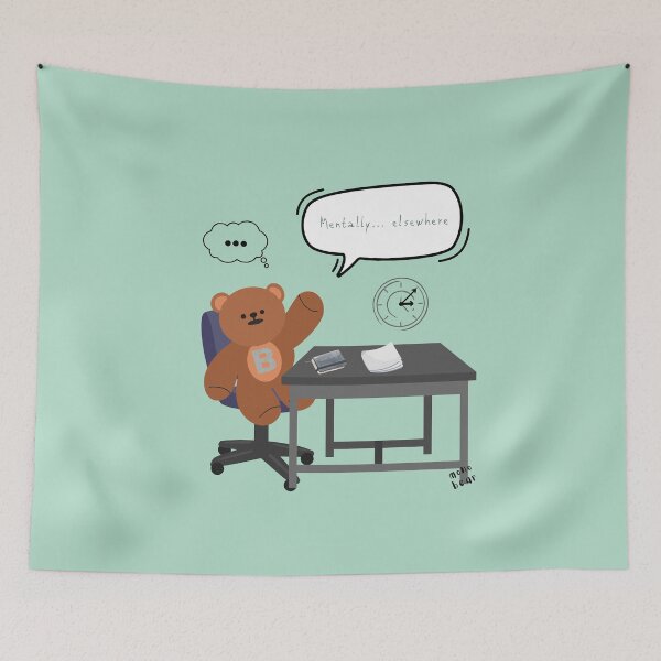 Item preview, Mentally... Elsewhere – Distracted Desk Bear Art ( Emerald Background ) designed and sold by mintmono-studio.