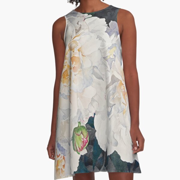 White Peonies Watercolor A-Line Dress