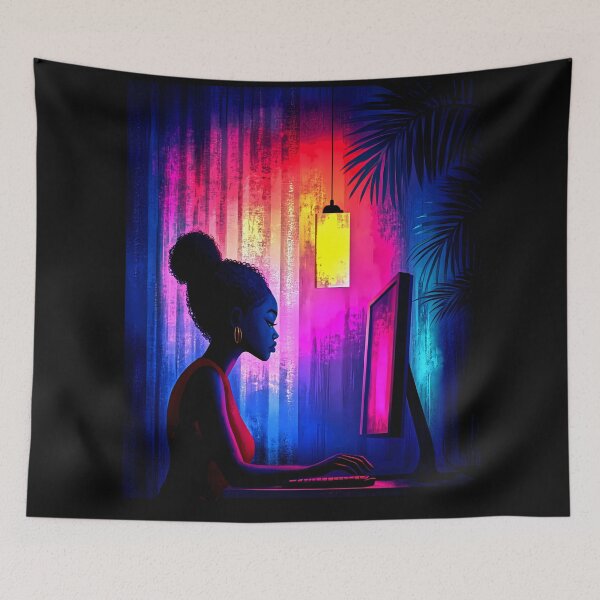 Item preview, Neon Focus – Girl in Cyber Glow Workspace designed and sold by Taans-Creation.