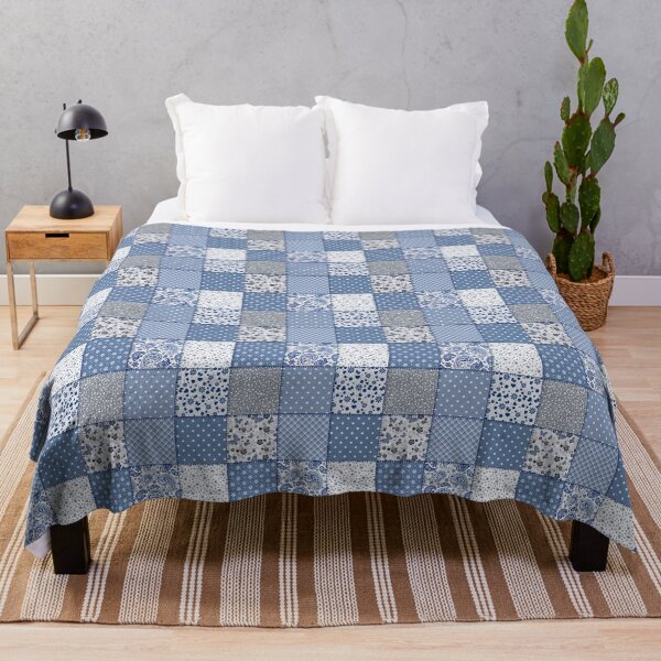 Item preview, Patrón de patchwork azul, blanco y gris con azulejos con estampado floral, de lunares y de cuadros vichy designed and sold by DaisyHouse.
