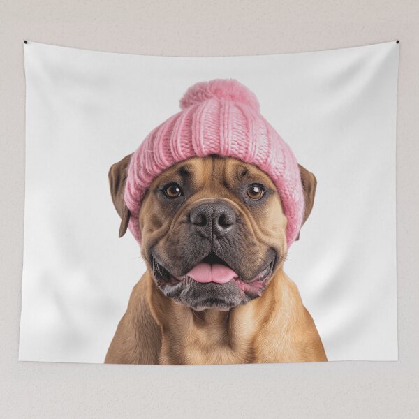 Item preview, Cozy Boerboel dog Wearing Pink Winter Hat Trendy Animal Fashion Artwork designed and sold by LazyOwlStore.