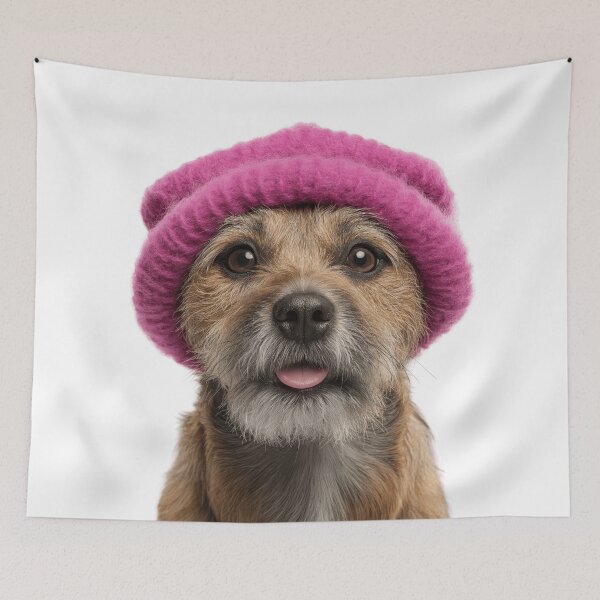 Item preview, Cozy Border Terrier dog Wearing Pink Winter Hat Trendy Animal Fashion Artwork designed and sold by LazyOwlStore.