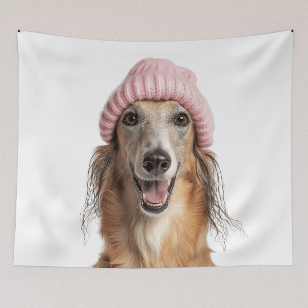 Item preview, Cozy Borzoi dog Wearing Pink Winter Hat Trendy Animal Fashion Artwork designed and sold by LazyOwlStore.