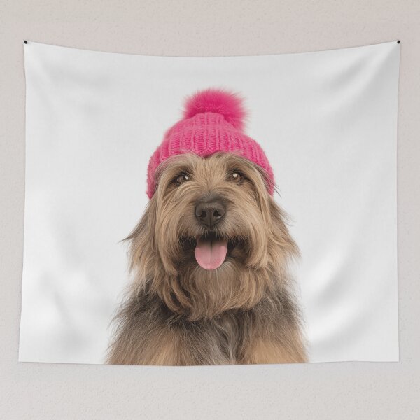 Item preview, Cozy Briard dog Wearing Pink Winter Hat Trendy Animal Fashion Artwork designed and sold by LazyOwlStore.