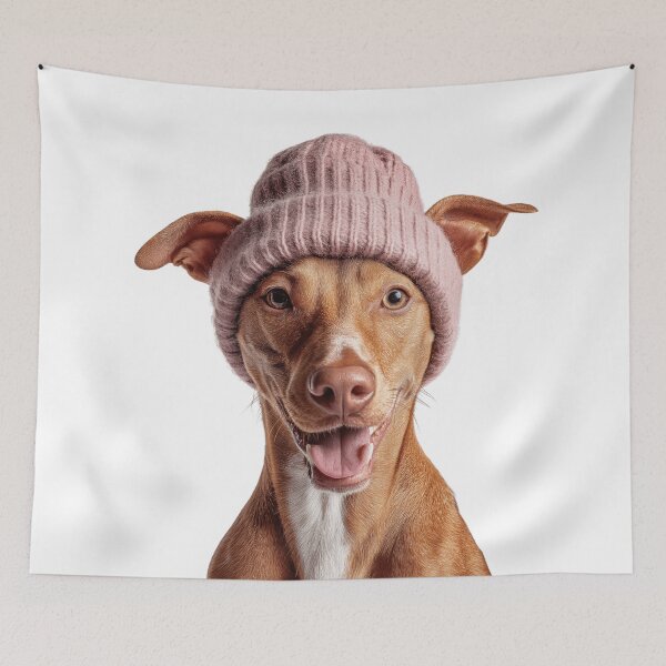 Item preview, Cozy Cirneco dell'Etna dog Wearing Pink Winter Hat Trendy Animal Fashion Artwork designed and sold by LazyOwlStore.