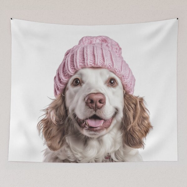 Item preview, Cozy Clumber Spaniel dog Wearing Pink Winter Hat Trendy Animal Fashion Artwork designed and sold by LazyOwlStore.