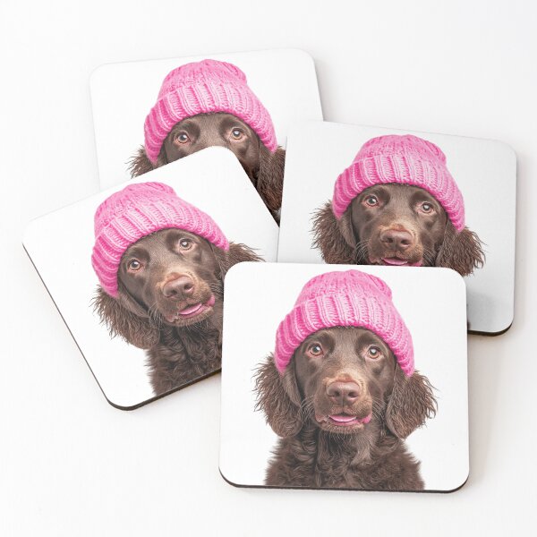 Item preview, Cozy Curly-Coated Retriever dog Wearing Pink Winter Hat Trendy Animal Fashion Artwork designed and sold by LazyOwlStore.