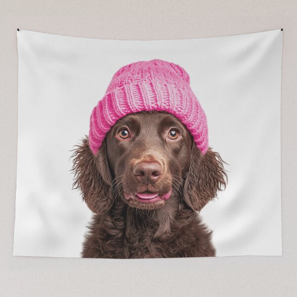 Item preview, Acogedor perro retriever de pelo rizado con gorro de invierno rosa, ilustración de moda animal de moda designed and sold by LazyOwlStore.