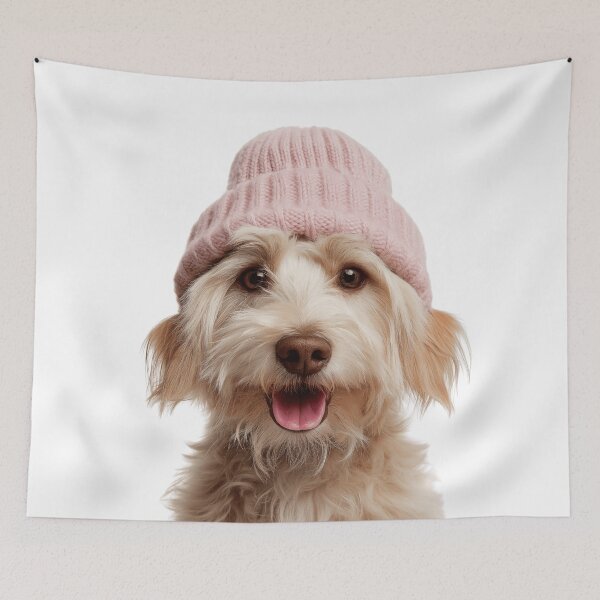 Item preview, Cozy Dandie Dinmont Terrier dog Wearing Pink Winter Hat Trendy Animal Fashion Artwork designed and sold by LazyOwlStore.