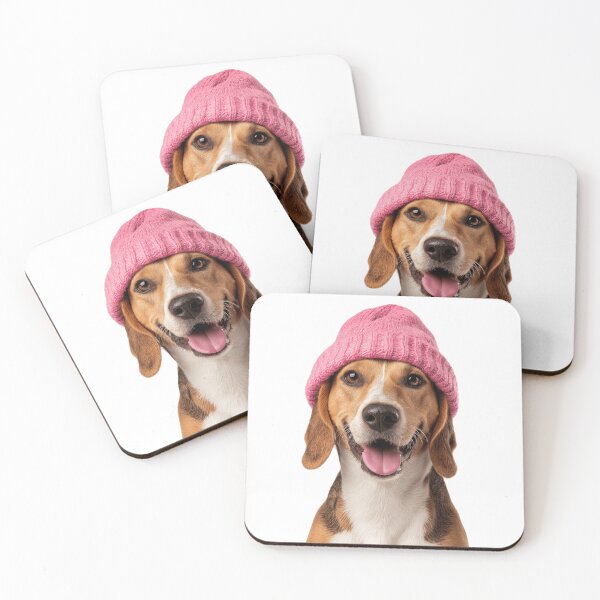 Item preview, Cozy English Foxhound dog Wearing Pink Winter Hat Trendy Animal Fashion Artwork designed and sold by LazyOwlStore.