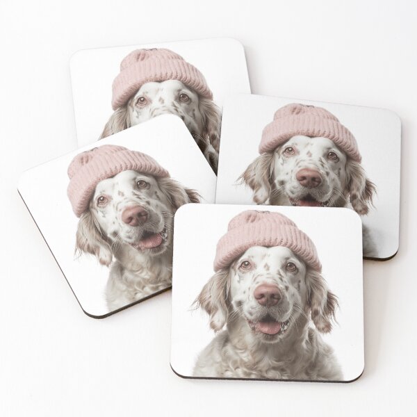 Artikelvorschau, Gemütlicher englischer Setter-Hund mit rosa Wintermütze, trendiges Tiermode-Kunstwerk entworfen und verkauft von LazyOwlStore.