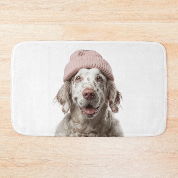 Artikelvorschau, Gemütlicher englischer Setter-Hund mit rosa Wintermütze, trendiges Tiermode-Kunstwerk entworfen und verkauft von LazyOwlStore.