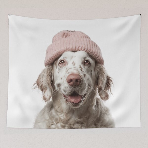 Artikelvorschau, Gemütlicher englischer Setter-Hund mit rosa Wintermütze, trendiges Tiermode-Kunstwerk entworfen und verkauft von LazyOwlStore.