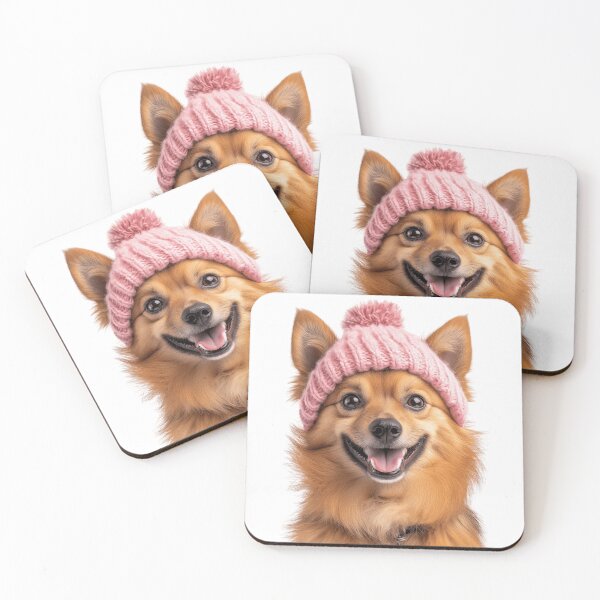 Item preview, Cozy Finnish Spitz dog Wearing Pink Winter Hat Trendy Animal Fashion Artwork designed and sold by LazyOwlStore.