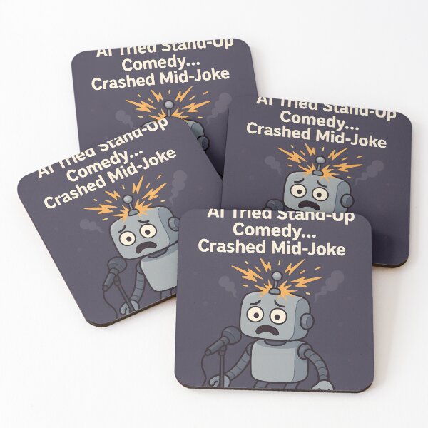 Item preview, AI Comedy – Robot Crashed Mid-Joke at Stand-Up Mic designed and sold by VoidBloom Studio.