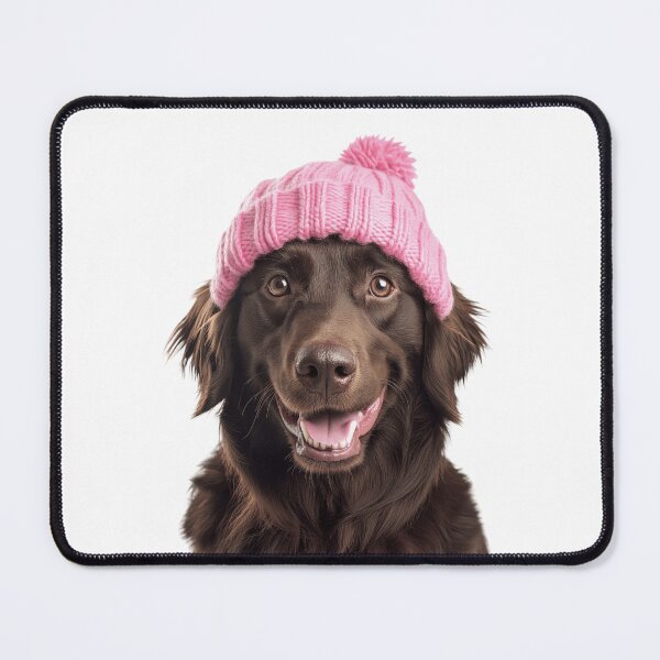 Item preview, Cozy Flat-Coated Retriever dog Wearing Pink Winter Hat Trendy Animal Fashion Artwork designed and sold by LazyOwlStore.