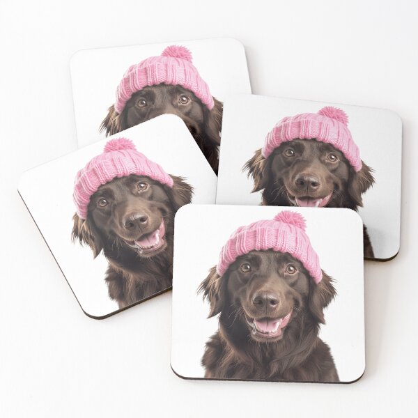 Item preview, Cozy Flat-Coated Retriever dog Wearing Pink Winter Hat Trendy Animal Fashion Artwork designed and sold by LazyOwlStore.