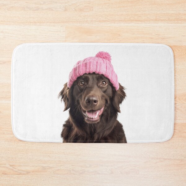 Item preview, Cozy Flat-Coated Retriever dog Wearing Pink Winter Hat Trendy Animal Fashion Artwork designed and sold by LazyOwlStore.