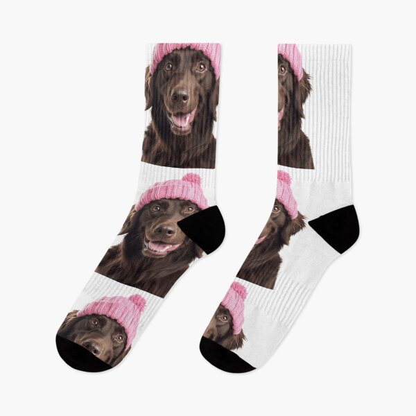 Item preview, Cozy Flat-Coated Retriever dog Wearing Pink Winter Hat Trendy Animal Fashion Artwork designed and sold by LazyOwlStore.