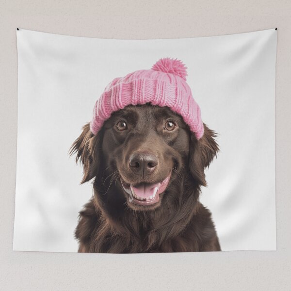 Item preview, Cozy Flat-Coated Retriever dog Wearing Pink Winter Hat Trendy Animal Fashion Artwork designed and sold by LazyOwlStore.