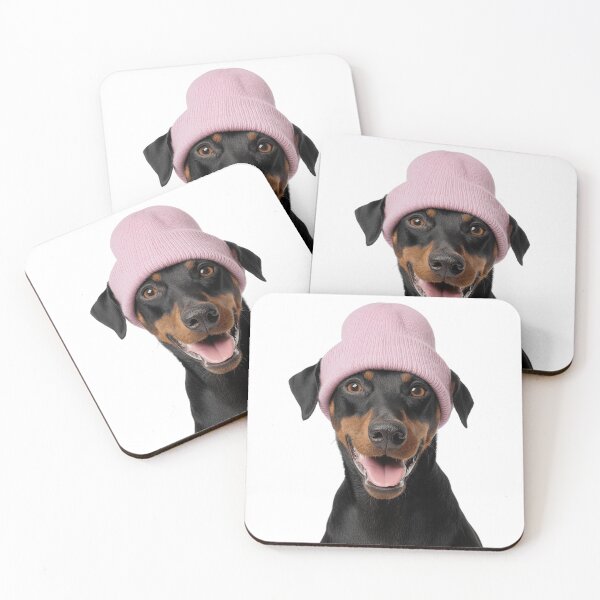 Item preview, Cozy German Pinscher dog Wearing Pink Winter Hat Trendy Animal Fashion Artwork designed and sold by LazyOwlStore.
