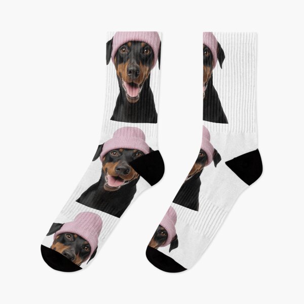 Item preview, Cozy German Pinscher dog Wearing Pink Winter Hat Trendy Animal Fashion Artwork designed and sold by LazyOwlStore.