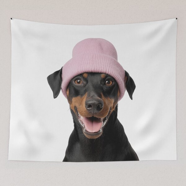Item preview, Cozy German Pinscher dog Wearing Pink Winter Hat Trendy Animal Fashion Artwork designed and sold by LazyOwlStore.