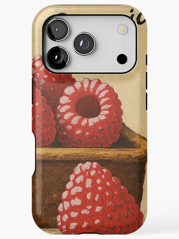 Thumbnail 1 of 4, iPhone Case, Retro Raspberry Fruit Sticker Label designed and sold by Wordsmith-Wear.