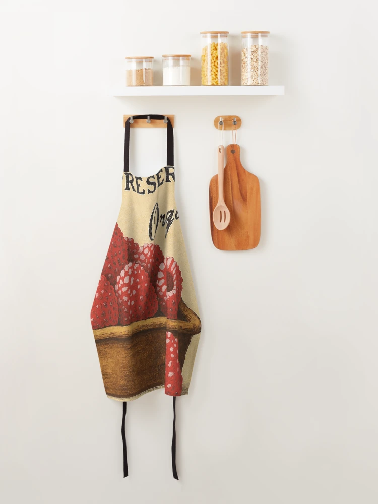 Thumbnail 4 of 6, Apron, Retro Raspberry Fruit Sticker Label designed and sold by Wordsmith-Wear.