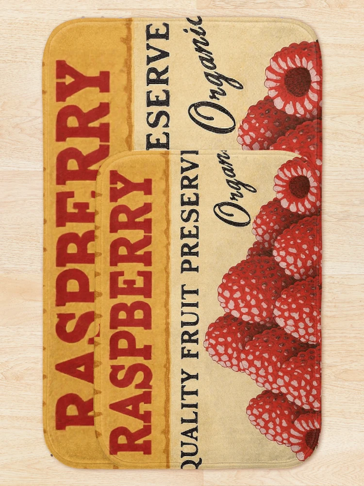 Thumbnail 5 of 6, Bath Mat, Retro Raspberry Fruit Sticker Label designed and sold by Wordsmith-Wear.