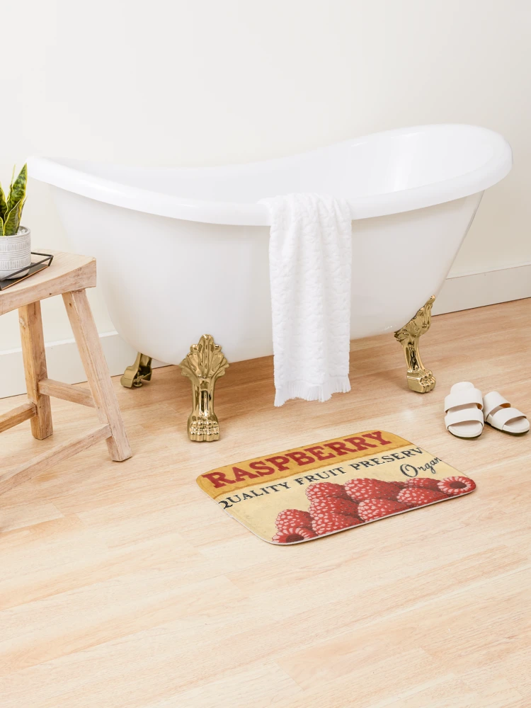 Thumbnail 2 of 6, Bath Mat, Retro Raspberry Fruit Sticker Label designed and sold by Wordsmith-Wear.