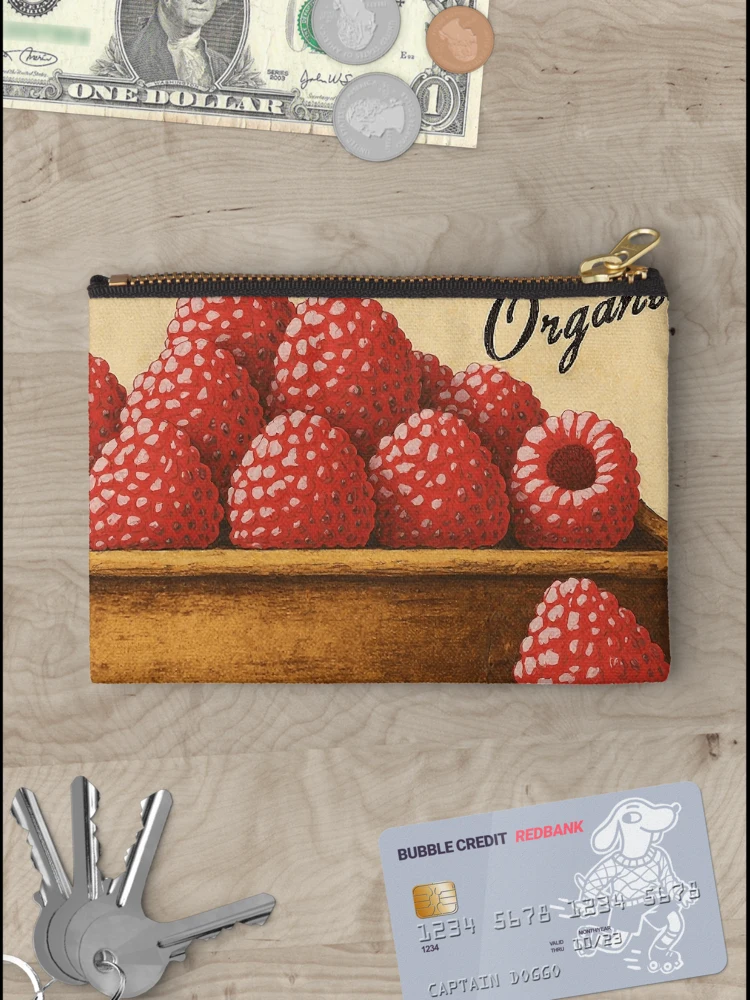Thumbnail 3 of 4, Zipper Pouch, Retro Raspberry Fruit Sticker Label designed and sold by Wordsmith-Wear.