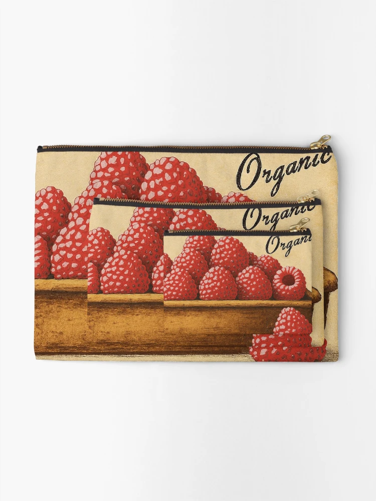 Thumbnail 2 of 4, Zipper Pouch, Retro Raspberry Fruit Sticker Label designed and sold by Wordsmith-Wear.