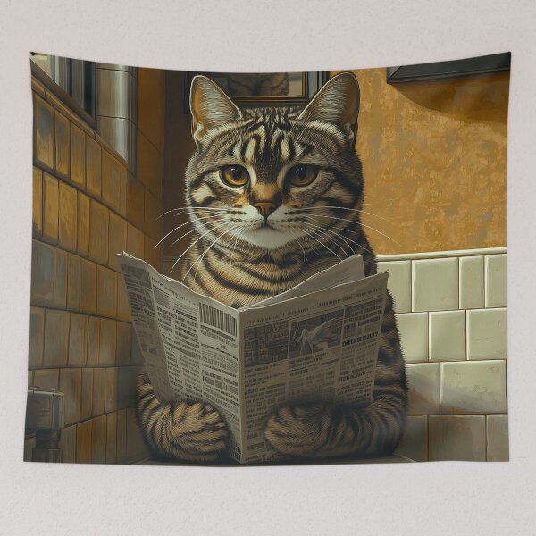 Item preview, Animal Tabby Cat Reading Newspaper Toilet Time Bathroom Humor Feline Routine designed and sold by telchimabukar.