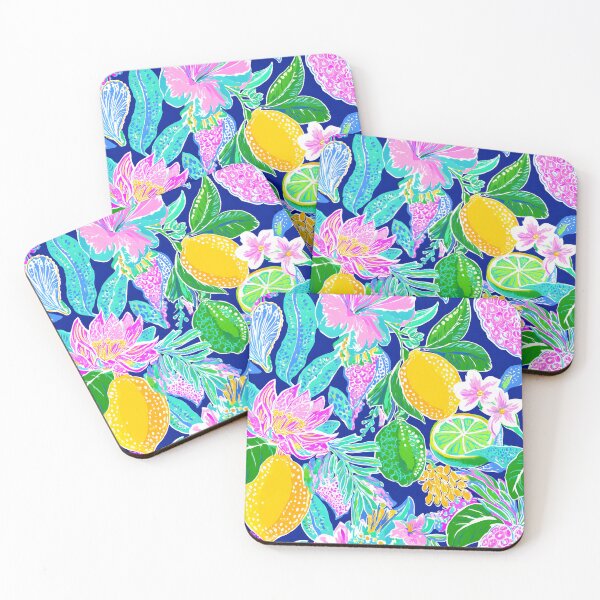 Item preview, Preppy lemons, flowers, tropical friuits in hot pink, neon green, turquoise and yellow on navy blue background designed and sold by SophieClimaArt.